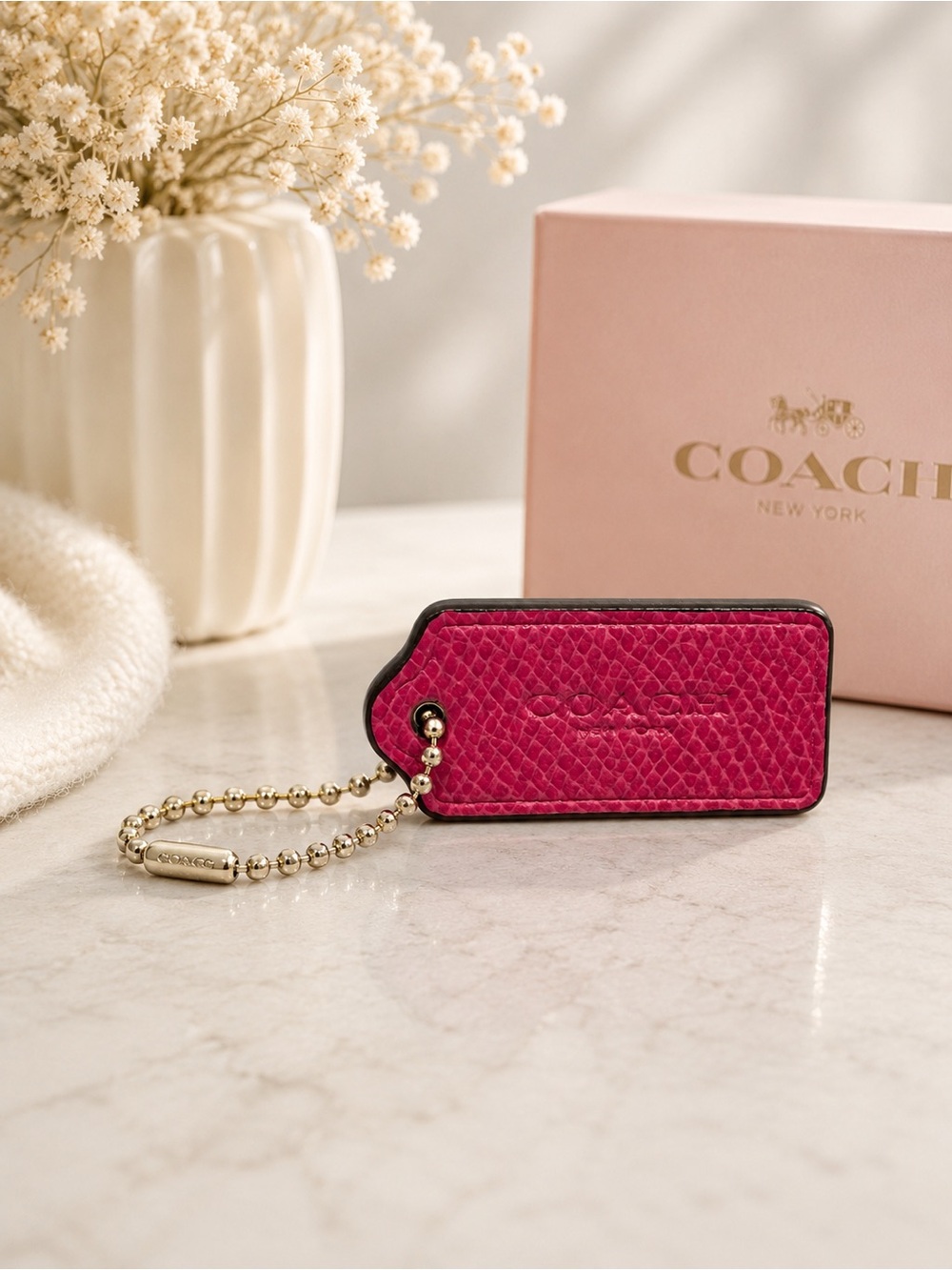 Coach Pink Pebbled Leather Key Tag with Gold Chain